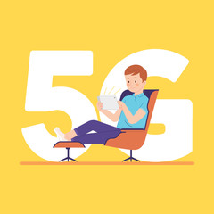 vector illustration man sitting and holding phone tablet with 5G connection broadband, flat design
