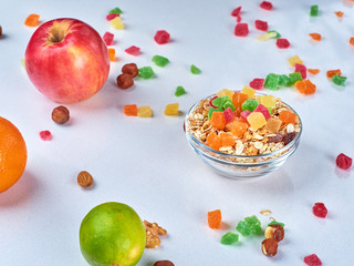 Healthy breakfast with muesli, milk, yogurt, fruit