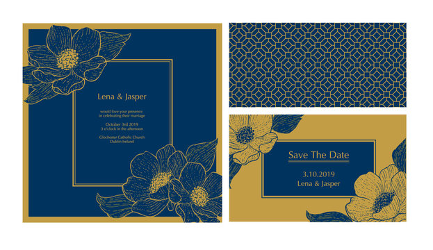 Wedding invitation template. Elegant floral design in gold and deep blue colours.