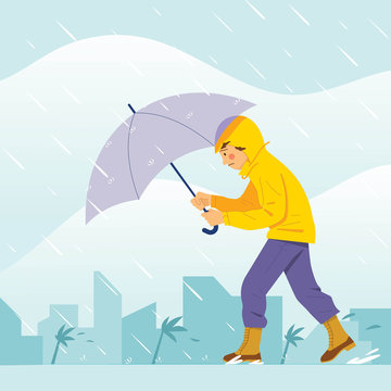vector illustration boy walking in raincoat holding umbrella, boy walking in dangerous condition in heavy rain and storm