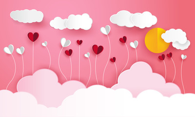 valentines day card with hearts on the pink sky.	