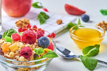 Healthy breakfast with muesli, milk, yogurt, fruit