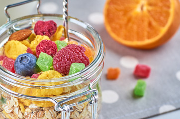 Healthy breakfast with muesli, milk, yogurt, fruit