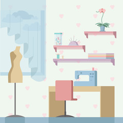 Fototapeta premium Sewing and creative craft room. Home office workspace. Vector ilustration.