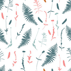 Floral background. Vector seamless pattern with hand - drawn poppies, lavender flowers  and fern leaves.