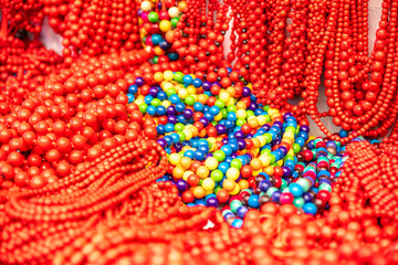 Gorgeous red and colorful beads. Close up