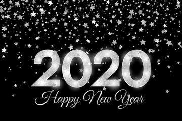 2020 Happy New Year. Silver numbers and stars on dark background. New Year 2020 greeting card.