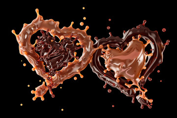 Sweet melted caramel sauce or syrup and dark chocolate linked candy valentine hearts isolated on black background. Valentine day concept. 3D illustration