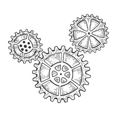 Gear mechanism sketch engraving vector illustration. Scratch board style imitation. Hand drawn image.