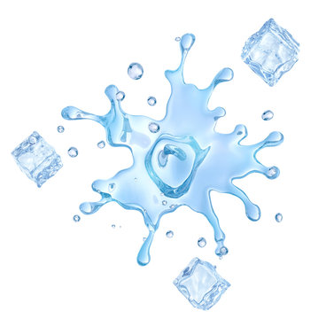 Fresh pure ice water splash. Clean transparent water or liquid fluid wave in round splashes H2O aqua form. Healthy drink fluid splash concept with ice cubes isolated. 3D render