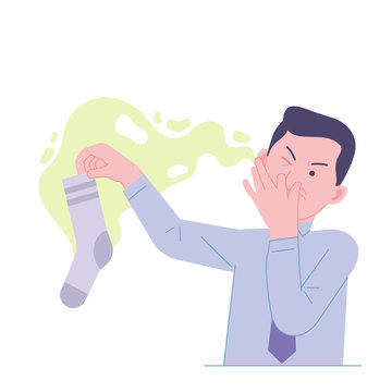 vector illustration man worker holding stinky smelly socks and the other hand closing nose