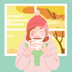 vector illustration of a woman enjoy her coffee/tea/chocolate at home in autumn 