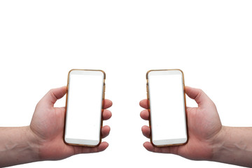 Two hands holding mobile phones on white background with empty screens for montage