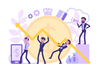 Economist team working together. Male efficient experts in economics start corporate development to increase business productivity, data chart. Vector abstract illustration with faceless character
