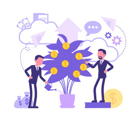 Investment and business dividends. Efficient male managers watering money tree for bigger profit, company shareholders growing golden coins. Vector abstract illustration with faceless character
