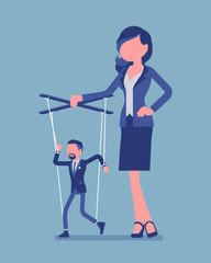 Fototapeta premium Marionette businessman manipulated and controlled by female puppeteer. Male manager under boss influence, strong woman with authority operates a weak man. Vector illustration, faceless characters