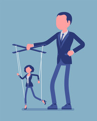Marionette businesswoman manipulated and controlled by male puppeteer. Female manager under boss influence, strong man with authority operates a weak woman. Vector illustration, faceless characters
