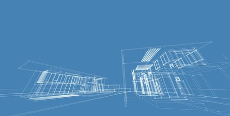 3D illustration architecture building perspective lines.