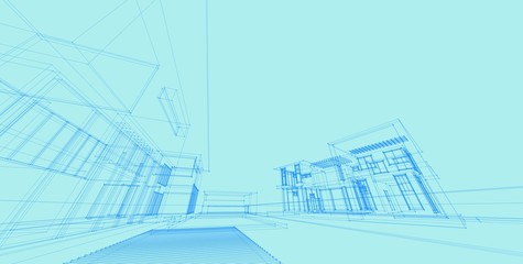 3D illustration architecture building perspective lines.