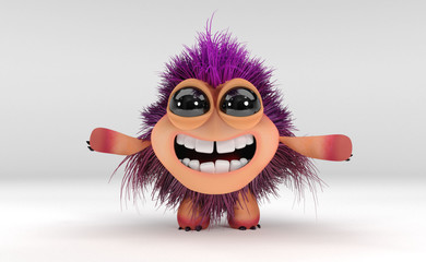 Happy Kawaii monster with purple hair and black eyes - 3D Render © Thiago Melo