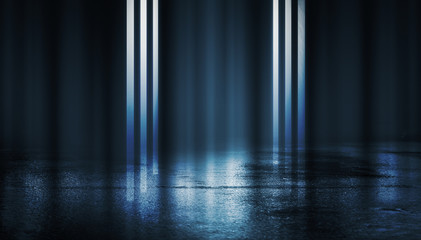 Fototapeta premium Empty background scene. Dark street reflection on the wet pavement. Rays of blue neon light in the dark, neon figures, smoke. Night view of the street, the city. Abstract dark background.
