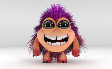 Happy Kawaii monster with purple hair and black eyes - 3D Render