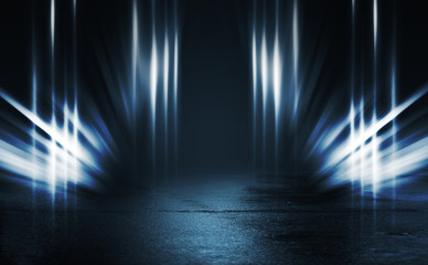 Fototapeta premium Empty background scene. Dark street reflection on the wet pavement. Rays of blue neon light in the dark, neon figures, smoke. Night view of the street, the city. Abstract dark background.