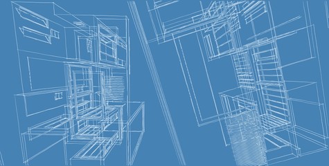 3D illustration architecture building perspective lines.