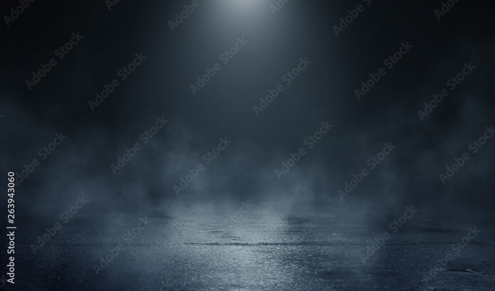 Poster empty background scene. dark street reflection on the wet pavement. rays of blue neon light in the d
