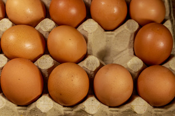 Raw chicken eggs in cardboard egg box with empty space