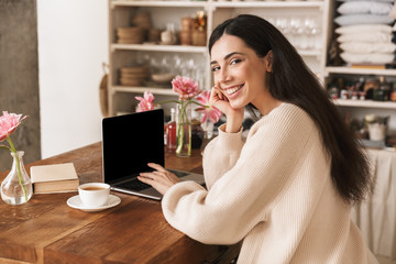 Photo of caucasian brunette woman 20s using laptop computer in kitchen at home