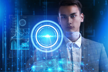 The concept of business, technology, the Internet and the network. A young entrepreneur working on a virtual screen of the future and sees the inscription: Copyright
