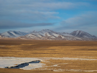 Car window scenery of Qinghai–Tibet railway in Tibet Autonomous Region, China.