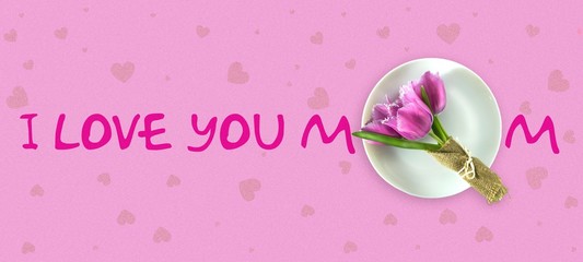 Happy Mother's Day greeting card with beautiful tulips. Pink background. Isolated. Congratulatory background. Holiday card.