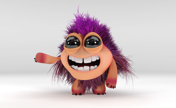 Happy Kawaii monster pointing with purple hair and black eyes - 3D Render