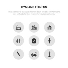9 round vector icons such as standing punching ball, stationary bike, steroids, stretching punching ball, supplement contains swedish wall, swim, trainer, trainer rod. standing punching ball,