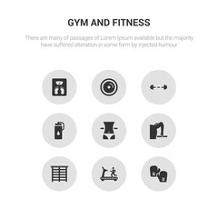 9 round vector icons such as training gloves, treadmill, trellis, triceps bar, waist contains water bottle, weight bar, weight plates, weight scale. training gloves, treadmill, icon3_, gray gym and