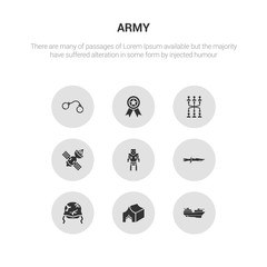 9 round vector icons such as militar ship, militar tent, military helmet, military knife, military robot machine contains satellites, strategy, militaty medal, pair of handcuffs. militar ship, tent,