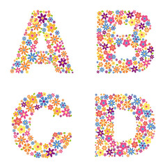 Alphabet part, letters A, B, C, D filled with a variety of colorful flowers isolated on white background vector illustration
