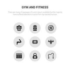 9 round vector icons such as jumping rope, kettlebells, locker, lumbar belt, mat contains muscles, no fast food, phytonutrients, press. jumping rope, kettlebells, icon3_, gray gym and fitness icons