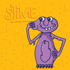 Vector illustration of a jelly slime monster on a background of yellow slime. Cute illustration with monster