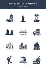 12 united states of america vector icons such as fast food, washington, american football, capitol, cityscape contains dollar, food truck, golden gate, grand canyon, sheriff, statue of liberty icons