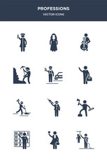 12 professions vector icons such as journalist, lawyer, librarian, lumberjack, mafia contains maid, manager, mechanic, miner, musician, nun icons