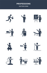 12 professions vector icons such as scientist, secretary, showman, singer, stewardess contains superhero, surgeon, swat, taxi driver, teacher, telemarketer icons