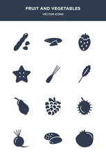 12 fruit and vegetables vector icons such as pomegranate, potato, radish, rambutan, raspberry contains rose apple, spinach, spring onion, star fruit, strawberry, sweet potato icons