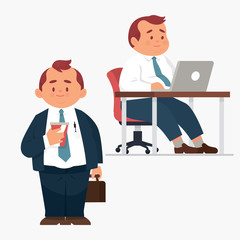 vector illustration of male/ man fat worker standing bring a cup of soda. Fat man sitting in front of his laptop/computer