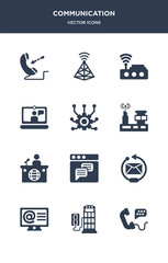 12 communication vector icons such as call, phone booth, arroba, reply, text lines contains news reporter, radio antenna, connection, video chat, wifi,   icons