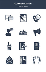 12 communication vector icons such as quarrel, contact, emails, voice recorder, contacts contains transmitter, bullhorn, morse code, speaking, time call, write icons © CoolVectorStock