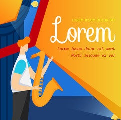 Young Man Standing on Stage with Saxophone Banner.