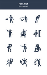12 feelings vector icons such as pissed off human, positive human, pretty human, proud pumped contains ready refreshed relaxed relieved rough sad icons